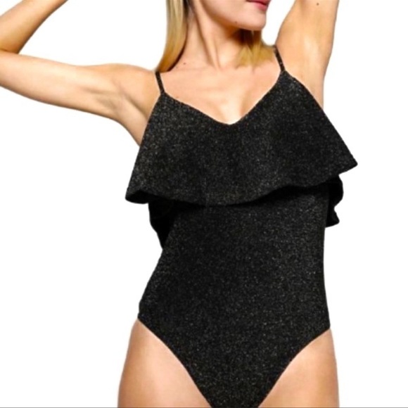 Zara Black Knit Metallic Glitter Ruffle Flounce Bodysuit Size‎ Medium 6096/003 - Picture 1 of 15